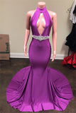 New Arrival Sleeveless Halter Evening Gown | Purple V-Neck Backless Mermaid Prom Dress