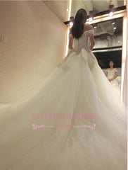 Newest Lace-Appliques Tulle Beads Long-Train Off-the-shoulder Wedding Dress