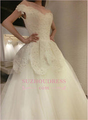 Newest Lace-Appliques Tulle Beads Long-Train Off-the-shoulder Wedding Dress