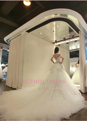 Newest Lace-Appliques Tulle Beads Long-Train Off-the-shoulder Wedding Dress