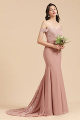 Off Shoulder Floral Lace Appliques Mermaid Evening Dress Bridesmaid Dress