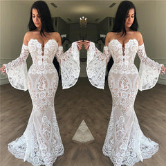 Off The Shoulder Bell Sleeves Lace Evening Dress | Strapless Sexy Prom Dresses Online