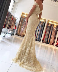 Off The Shoulder Champagne Lace Prom Dresses Sexy Long Formal Evening Dress BA6944