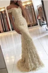 Off The Shoulder Champagne Lace Prom Dresses Sexy Long Formal Evening Dress BA6944