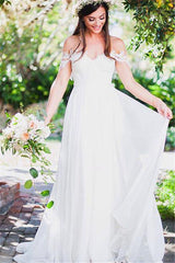 Off The Shoulder Lace Sweetheart Beach Wedding Dress Chiffon Summer Outdoor Bridal Gowns BA3769