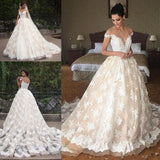 Off The Shoulder Lace Wedding Dress Champagne Tulle Open Back Ball Gown Bride Dress