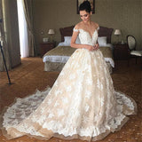 Off The Shoulder Lace Wedding Dress Champagne Tulle Open Back Ball Gown Bride Dress