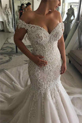 Off The Shoulder Mermaid Wedding Dresses with Full Beads | Open Back Court Train Bridal Dresses Online