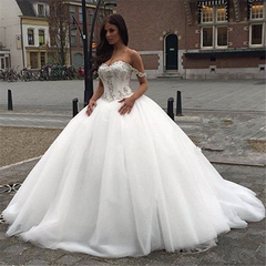 Off The Shoulder Princess Wedding Dress Sweetheart Crystals Ball Gown Bride Dress