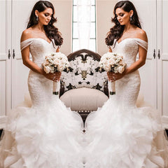 Off The Shoulder Puffy Ruffles Wedding Dresses | Sheath Tulle Sexy Lace Bridal Gowns