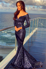 Off The Shoulder Sequins Sexy Evening Dresses with Long Sleeves