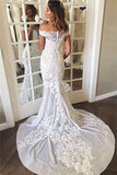 Off The Shoulder Sheer Tulle Bride Dress Lace Appliques Mermaid Buttons Wedding Dress