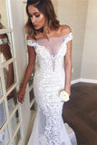 Off The Shoulder Sheer Tulle Bride Dress Lace Appliques Mermaid Buttons Wedding Dress