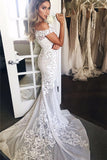 Off The Shoulder Sheer Tulle Bride Dress  Lace Appliques Mermaid Buttons Wedding Dress