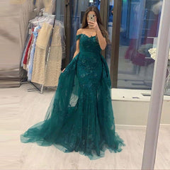 Off The Shoulder Sweetheart Jade Tulle Lace Mermaid Evening Dresses With Detachable Train