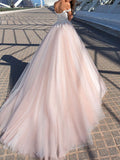 Off The Shoulder Tulle Lace Pearl Pink A-Line Wedding Dresses Long