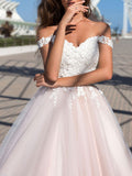 Off The Shoulder Tulle Lace Pearl Pink A-Line Wedding Dresses Long