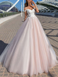 Off The Shoulder Tulle Lace Pearl Pink A-Line Wedding Dresses Long