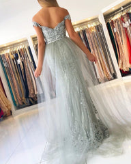 Off The Shoulder Tulle Light Mint Lace Appliques Mermaid Prom Dresses