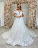 Off The Shoulder Tulle V Neck Lace Appliques Wedding Dresses Long