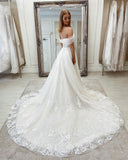 Off The Shoulder Tulle V Neck Lace Appliques Wedding Dresses Long