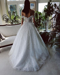 Off The Shoulder Tulle White Appliques Zipper Wedding Dresses Long