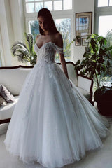 Off The Shoulder Tulle White Appliques Zipper Wedding Dresses Long