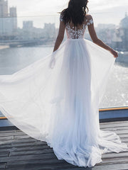 Off The Shoulder Tulle White Lace Split A-Line Wedding Dresses