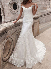 Off The Shoulder White Lace Appliques Mermaid Wedding Dresses Long