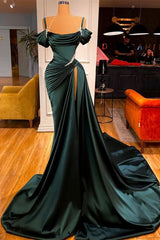 Off-the-Shoulder Dark Green Slit Prom Dress Long Mermaid Party Gowns