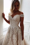 Off-the-shoulder A-line Appliques Elegant Chapel-Train Lace Wedding Dresses