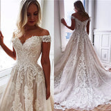 Off-the-shoulder A-line Appliques Elegant Chapel-Train Lace Wedding Dresses