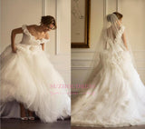 Off-the-shoulder A-line Sweep-Train Flowers Modern Tulle Ruffles Wedding Dress