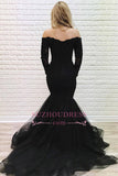 Off-the-shoulder Brilliant Mermaid Sweep Black Long-Sleeves Train Evening Dresses