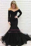 Off-the-shoulder Brilliant Mermaid Sweep Black Long-Sleeves Train Evening Dresses