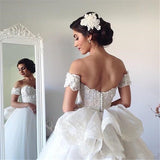 Off-the-shoulder Wedding Dress Puffy Tulle Ball Gown Bridal Dress with Lace