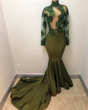 Oliva Green Prom Dress Sexy Sheer Appliques Tulle Long Sleeve Mermaid Evening Gown BA7958