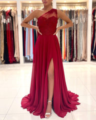 One SHoulder Red Prom Dress Floor Length Sleeveless Maxi Dress with Front Slit