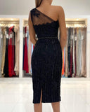 One Shoulder Beadings Short Prom Dress with Lace Appliques