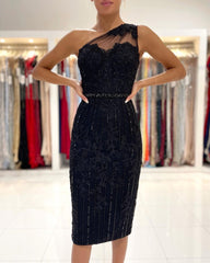 One Shoulder Beadings Short Prom Dress with Lace Appliques