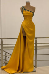 One Shoulder Yellow Slit Prom Dress Long With Beads