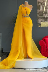 One Shoulder YellowRuffle Floral Appliques Beads Mermaid Evening Gown with Cape