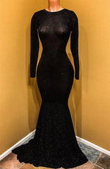 Open Back Black Long Sleeve Prom Dress | Sequins Sheath Evening Dress with Long Train