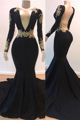 Open Back Gold Lace Black Prom Dresses Mermaid Long Sleeve Formal Evening Gowns