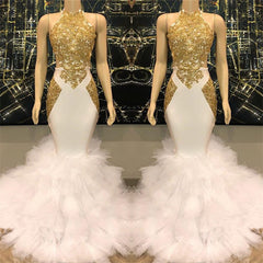 Open Back Gold Lace Sexy Prom Dress on Mannequins | Mermaid Ruffles Evening Gowns Online