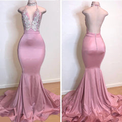 Open Back Pink Long Prom Dresses | Silver Crystals Appliques Mermaid Sexy Evening Gowns