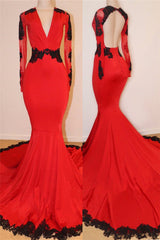 Open Back Red Prom Dresses with Black Lace Appliques | V-neck Long Sleeve Sexy Mermaid Graduation Dress