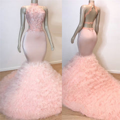 Open Back Ruffled Tulle Mermaid Prom Dress | Beads Lace Appliques Pink Sexy Evening Gowns BC0983