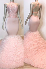 Open Back Ruffled Tulle Mermaid Prom Dress | Beads Lace Appliques Pink Sexy Evening Gowns BC0983