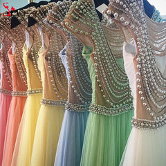 Open Back Ruffles Prom Dresses Pearls Evening Gowns